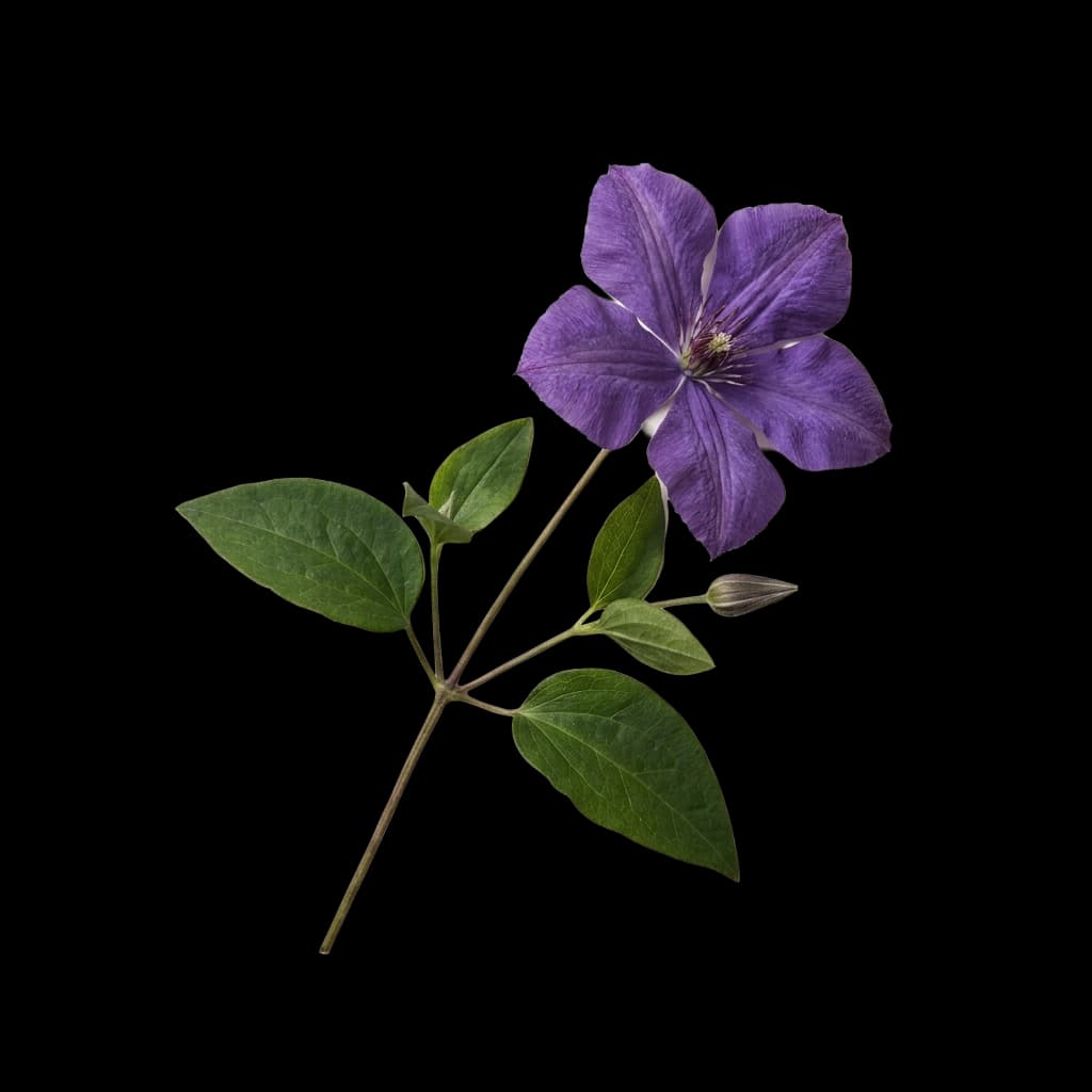Powojnik (Clematis) - fioletowy kwiat z liśćmi