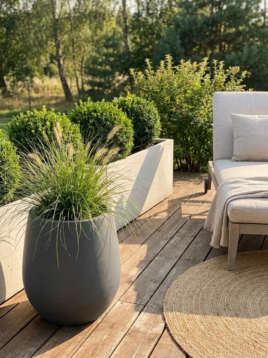 Zaaranżowany taras z designerskimi donicami i trawami ozdobnymi